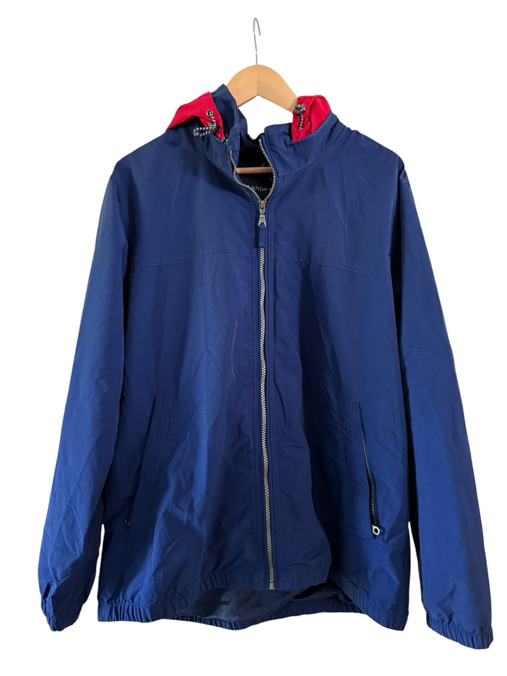 LANDS END Jacket Mens Large 42-44 Navy Blue Red Full Zip Packable Hood Coat